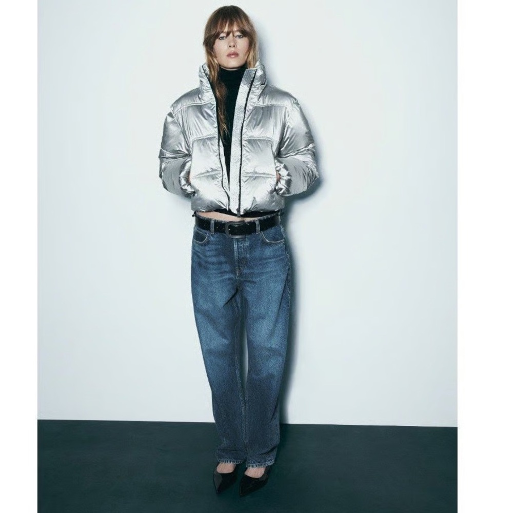 Zara CROPPED METALLIC PUFFER ANORAK WIND PROTECTION Like New size M